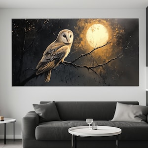 Graceful Owl and Full Moon Canvas Print in a Vintage Painting Style, Owl Painting, Mid Century Owl Canvas, Owl Wall Art, Owl Poster