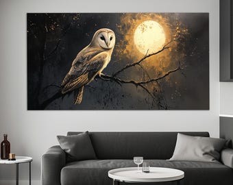 May include: A canvas print depicts a barn owl perched on a branch against a backdrop of a full moon. The owl has a light brown and white plumage, with a heart-shaped face. The moon is a bright yellow, and the background is dark with splatters.
