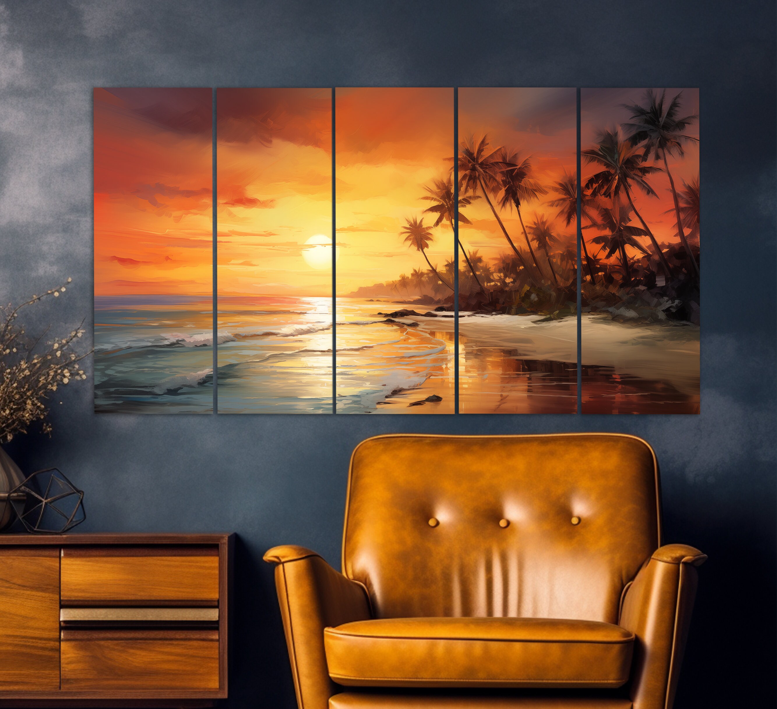 Sunset on Tropical Beach Canvas Print, Ocean Beach Wall Art, Palms on ...
