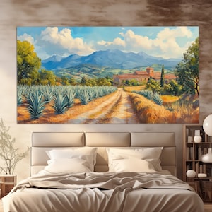 Agave Plantage in Mexiko Leinwanddruck in einem Ölgemälde-Stil, mexikanische Wandkunst, Tequila Wandkunst, rustikales mexikanisches Dekor, Agave Poster