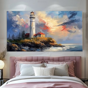 Scenic Lighthouse Canvas Print in a Vintage Oil Painting Style, Nature Wall Art, Mystical Lighthouse Poster, Lighthouse Print