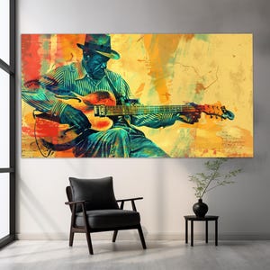 Abstract Guitar Player Canvas Print in Pop Art Oil Painting Style, Guitar Painting, Guitar Player Gift, Music School Decor