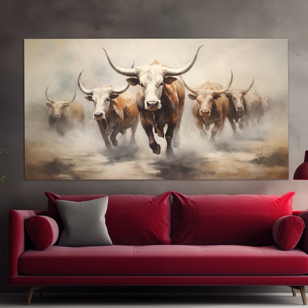 Texas Longhorns Canvas Print in a Vintage Oil Painting Style, Neutral Colors Animals Wall Art, Longhorn Painting, Longhorn Poster