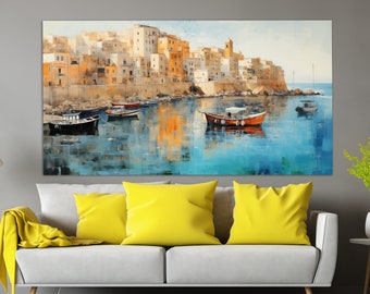 Sicily Canvas Print in a Vintage Oil Painting Style, Sicily in Neutral Colors Painting, Sicily Wall Art, Vintage Italian Coast Wall Art