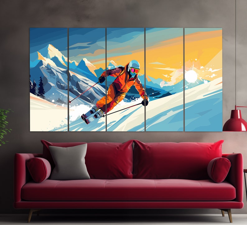 Skiing Canvas Print in a Pop Art Style, Ski Wall Art, Abstract Skier Painting, Ski Poster, Winter Sports Canvas Art, Skier Gift image 3