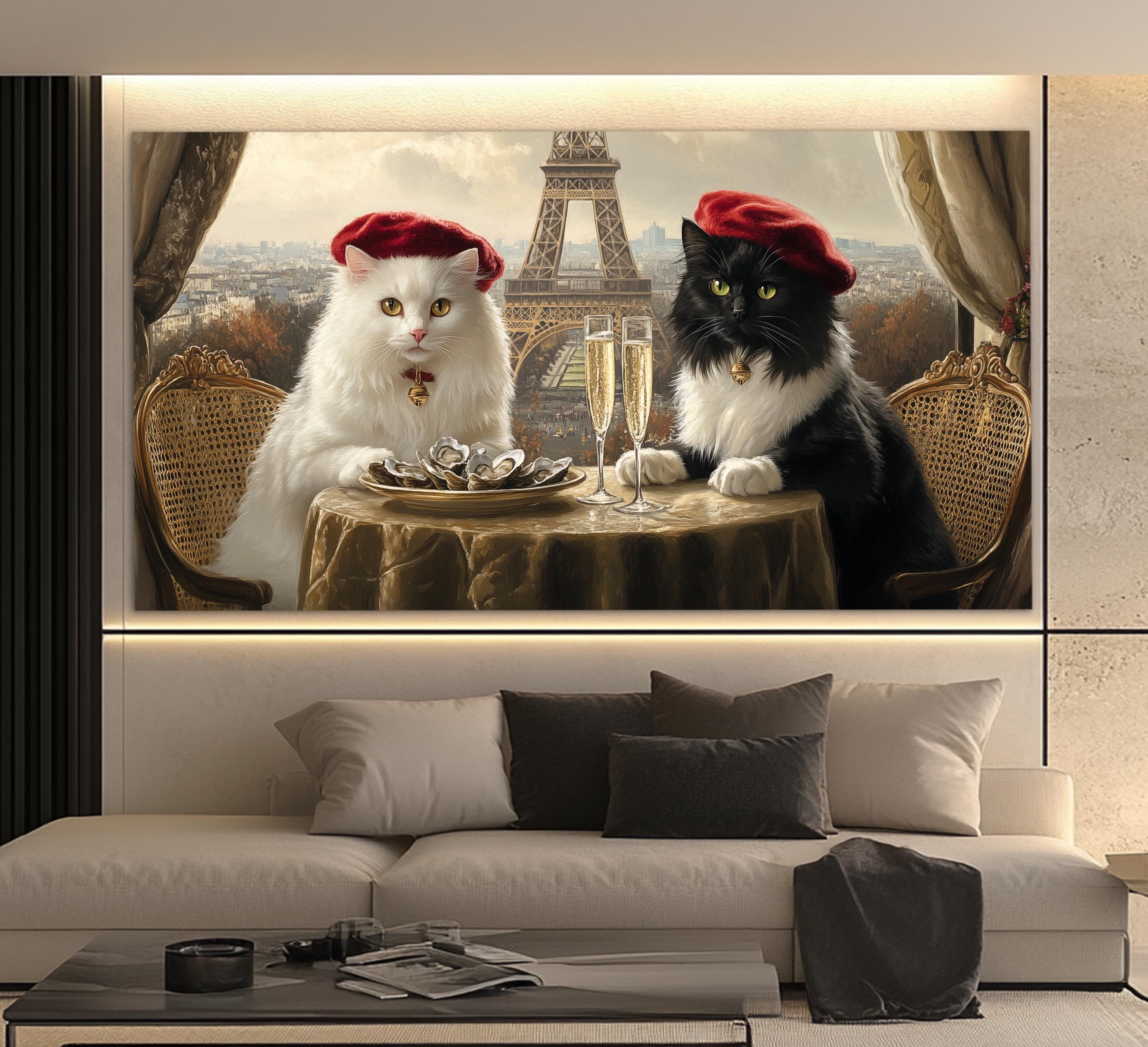 パリでのロマンチックな猫の冒険、エッフェル塔の横の猫の絵、抽象的な