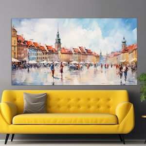 May include: A watercolor painting of a city street scene with colorful buildings, a blue sky with white clouds, and people walking on the street. The buildings have red tile roofs and are lined up on both sides of the street. There are trees and lampposts along the street.