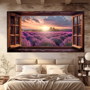 May include: A vintage-style window frame with a view of a field of purple lavender flowers. The sun is setting in the distance, casting a warm glow over the scene.
