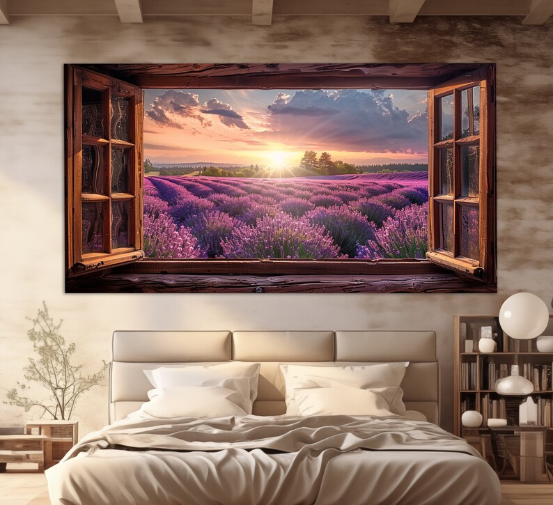 May include: A vintage-style window frame with a view of a field of purple lavender flowers. The sun is setting in the distance, casting a warm glow over the scene.