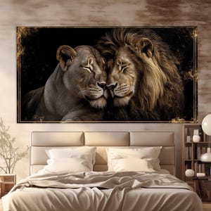 Loving Lions Paar Leinwanddruck, Löwe und Löwin Gemälde, Romantische Wandkunst, Löwen Gemälde, Romantisches Geschenk, Liebe Kunst, Schlafzimmer Wanddekoration
