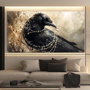 Crow with Pearl Necklace Canvas Print, Gothic Wall Art, Raven Painting, Dark Academia Canvas Art, Gothic Wall Decor, Gothic Canvas Print