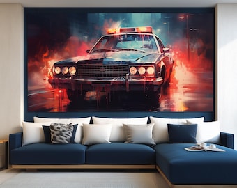 Retro Police Car Canvas Print in an Oil Painting Style, Police Wall Art, Vintage Police Canvas Print, Police Officer Gift, Police Wall Decor