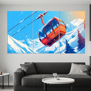 Abstract Ski Lift in Winter Forest Canvas Print, Skiing Wall Art, Cable Car Poster, Ski Lift Print, Winter Wall Decor, Winter Wall Art