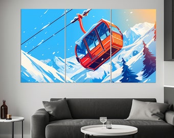 Impresión en lienzo de telesilla en un bosque invernal, arte mural de esquí, póster de teleférico, impresión de telesilla, decoración de pared invernal, arte mural invernal
