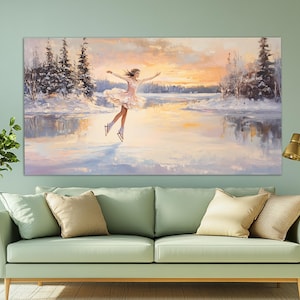 Figure Skating Wall Art, Figure Skater on Winter Lake Canvas Print in an Vintage Oil Painting Style, Figure Skating Poster