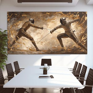 Impression sur toile abstraite combat d'escrime, tableau d'escrimeurs, déco murale de cours d'escrime, cadeau d'escrimeur, poster d'escrime, art mural toile d'escrime,
