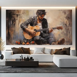Abstract Street Musician Playing Guitar Canvas Print in Vintage Oil Painting Style, Guitar Painting, Guitar Player Gift, Music School Decor