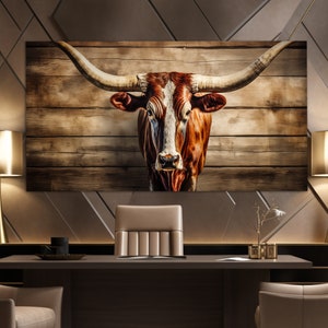 Texas Longhorn Canvas Print, Abstract Texas Longhorn Painting, Farmhouse Wall Decor, Cows Wall Art, Farm Wall Art, Large Longhorn Print