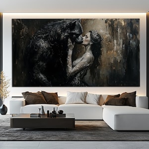 Beauty and Werewolf Canvas Print, Gothic Wall Art, Gothic Painting, Dark Academia Canvas Art, Halloween Wall Art, Gothic Wall Decor