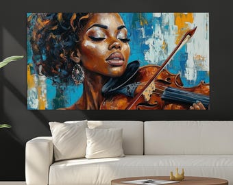 Impresión en lienzo abstracta de violinista afroamericano, regalo para profesores de violín, arte mural musical, regalo de violinista, decoración de escuela de violín