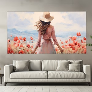 Girl in a Poppy Field Canvas Print in a Vintage Oil Painting Style, Floral Wall Decor, Romantic Wall Art, Poppy Field Painting