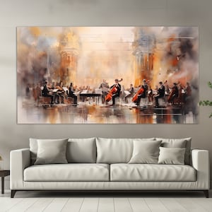 "Orchester auf der Bühne Leinwand Druck in der Retro-Ölmalerei Stil, Orchester Malerei, Klassische Musik Wand Kunst, Musiker Geschenk, ""Orchester""."