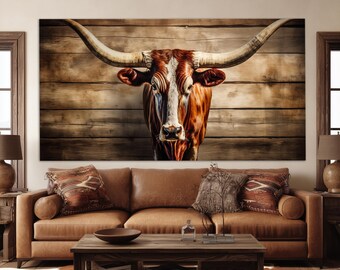 Texas Longhorn Canvas Print, Abstract Texas Longhorn Painting, Farmhouse Wall Decor, Cows Wall Art, Farm Wall Art, Large Longhorn Print