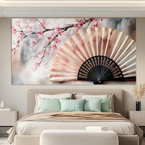 Japanese Fan and Sakura Tree Blossom Canvas Print, Sakura Tree Painting, Soft Pink Tones Wall Art, Japanese Wall Decor, Asian Canvas Art