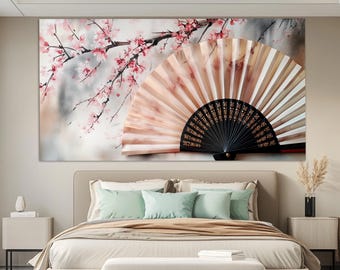 Japanese Fan and Sakura Tree Blossom Canvas Print, Sakura Tree Painting, Soft Pink Tones Wall Art, Japanese Wall Decor, Asian Canvas Art