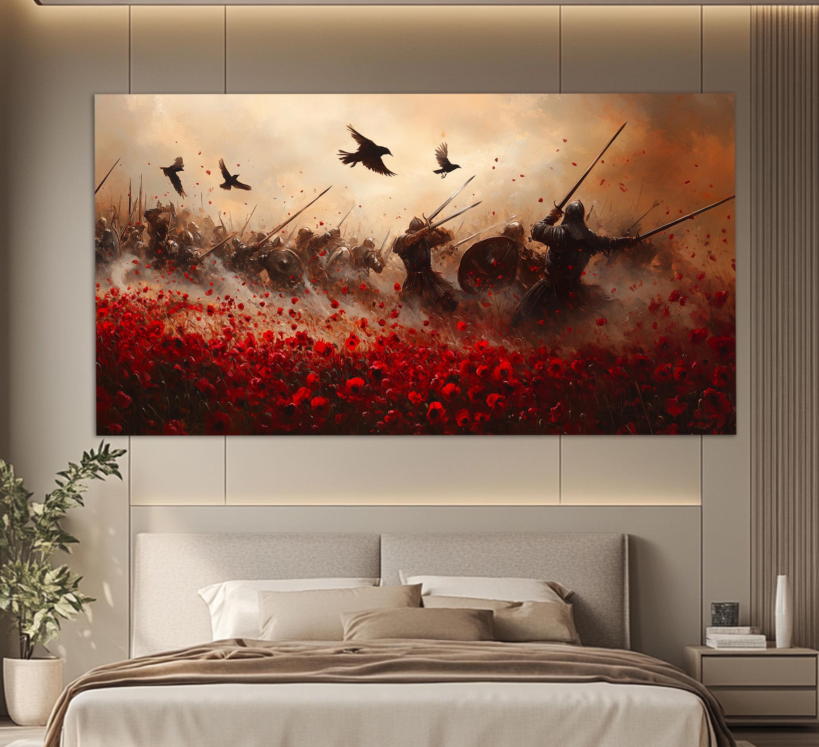Medieval Battle of Knights in a Poppy Field Canvas Print in a Vintage Oil Painting Style, Medieval Wall Art, Vintage Wall Decor