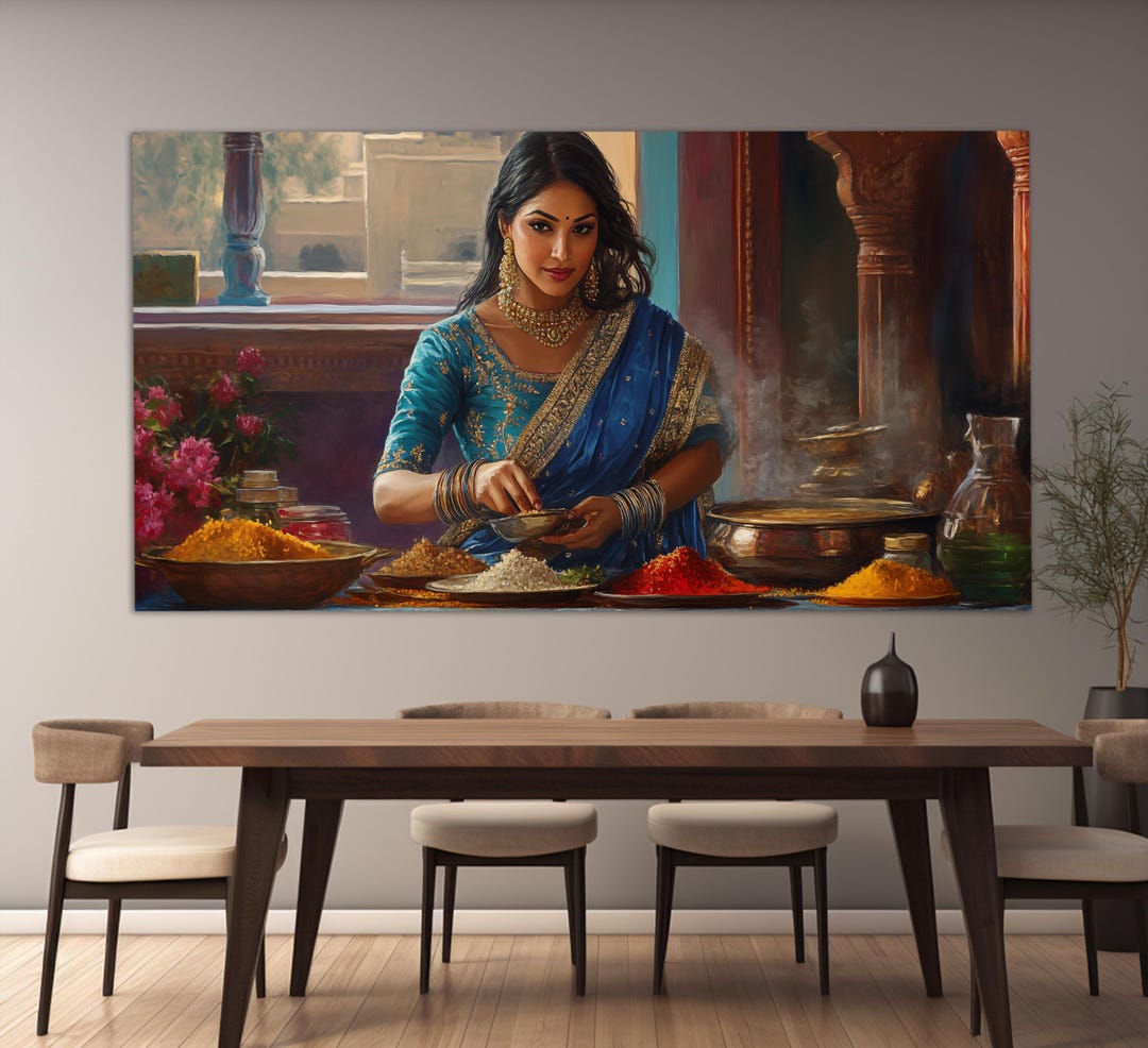 Beautiful Indian Woman on Kitchen With Spices and Herbs Canvas Print, Indian Kitchen Wall Decor ...