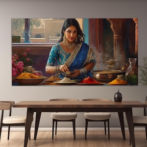 Beautiful Indian Woman on Kitchen with Spices and Herbs Canvas Print, Indian Kitchen Wall Decor, Indian Restaurant Decor, Culture of India