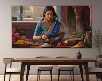 Beautiful Indian Woman on Kitchen with Spices and Herbs Canvas Print, Indian Kitchen Wall Decor, Indian Restaurant Decor, Culture of India