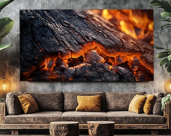 Logs on Fire Canvas Art, Large Fire Painting, Home Comfort Canvas Print, Fire Wall Art, Bonfire Canvas Print, Fireplace Poster
