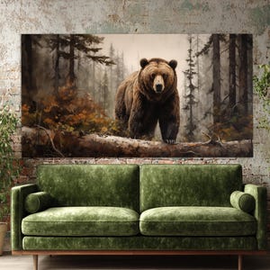 Impressão em tela de urso pardo na floresta enevoada, arte de parede de ursos, pintura de urso, arte de parede de animais selvagens, impressão em tela grande de urso pardo imagem 2