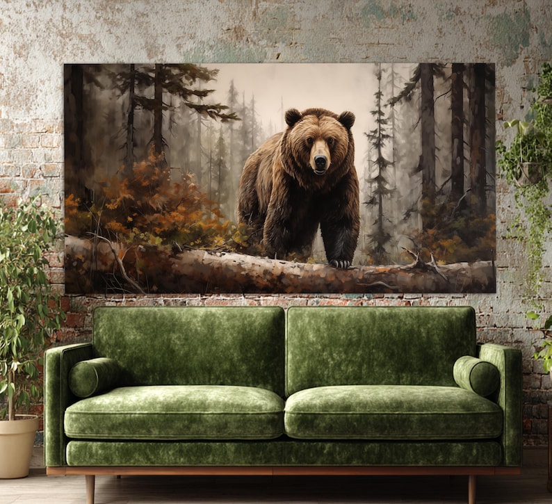 Impressão em tela de urso pardo na floresta enevoada, arte de parede de ursos, pintura de urso, arte de parede de animais selvagens, impressão em tela grande de urso pardo imagem 2