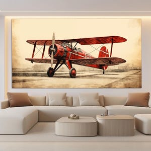 Vintage Biplane Canvas Print, Aircraft Wall Art, Pilot Gift, Retro Biplane Painting, Abstract Aircraft Canvas Print