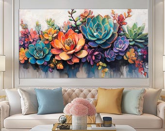 Colorful Succulent Canvas Print, Succulent Poster, Agave Wall Art, Succulent Painting, Succulent Wall Art, Abstract Plants Canvas