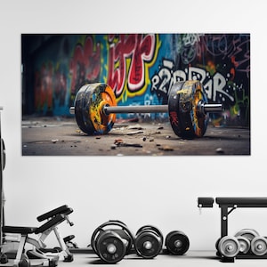 Abstract Barbell on the Street Canvas Print, Weightlifting Wall Art, Gym Wall Decor, Street Workout Canvas Art, Fitness Wall Decor