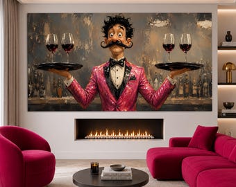 Funny Waiter Canvas Print, Wine Lover Wall Art, Humorous Bartender Painting, Restaurant, Kitchen, Bar Decor