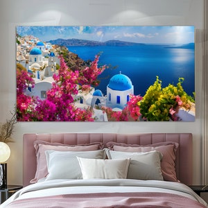 Romantische Santorini Leinwanddruck in einem Ölgemälde Stil, Santorini Wandkunst, Griechische Insel Malerei, Griechische Wandkunst, Griechenland Leinwanddruck