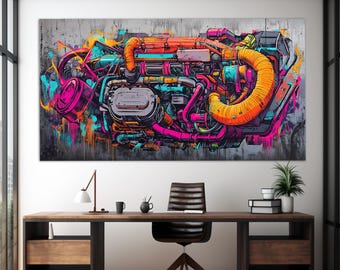 Puede incluir: Una pintura abstracta colorida de una máquina con estilo graffiti. La máquina está compuesta por tuberías, engranajes y otras piezas mecánicas. La pintura está realizada en tonos de rosa, azul, naranja y amarillo.