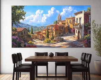 Scenic Spanish Village Canvas Print in an Oil Painting Style, Abstract Spain Wall Art, Rustic Spain Painting, Spanish Wall Art