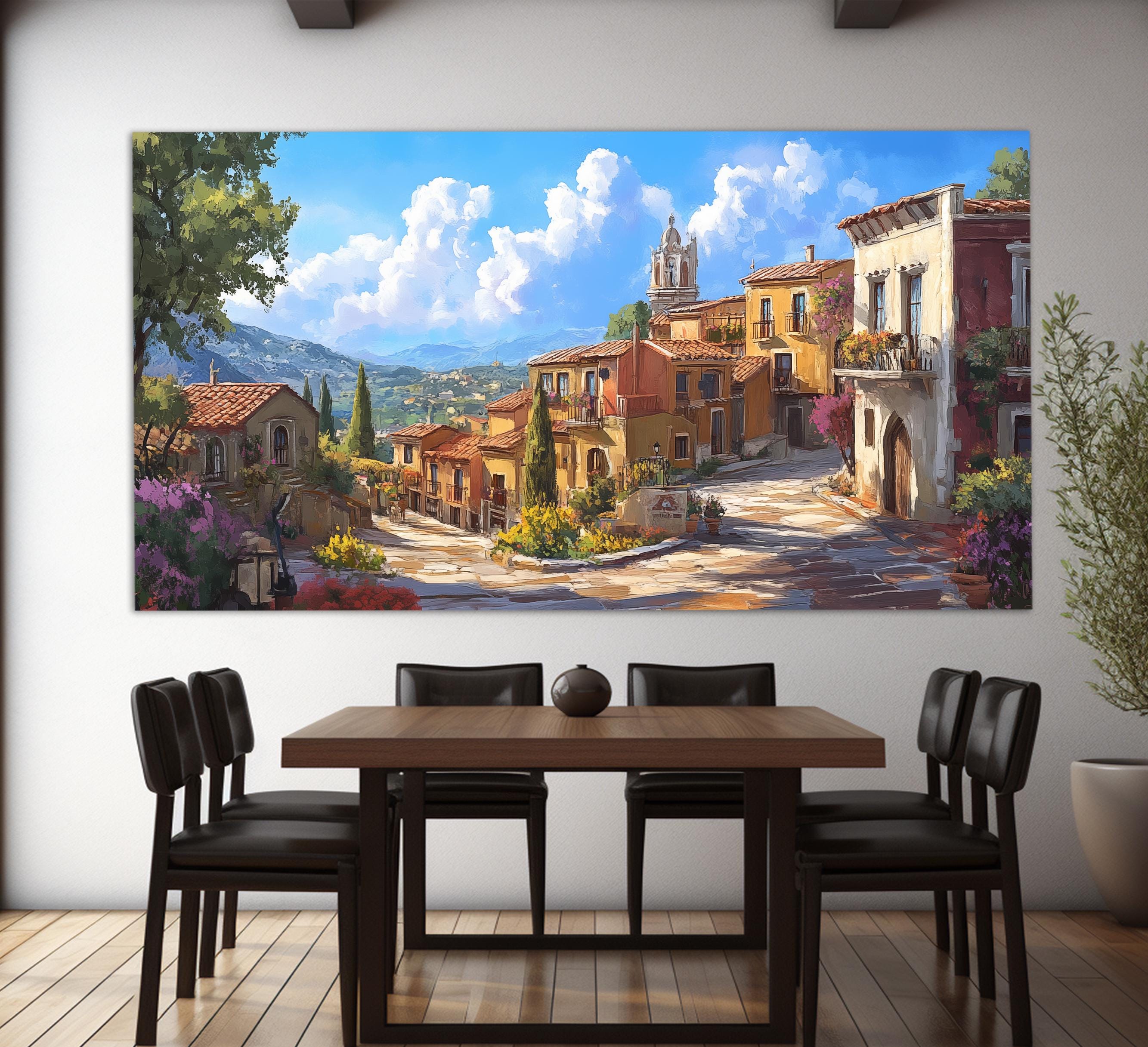 Scenic Spanish Village Canvas Print in an Oil Painting Style, Abstract