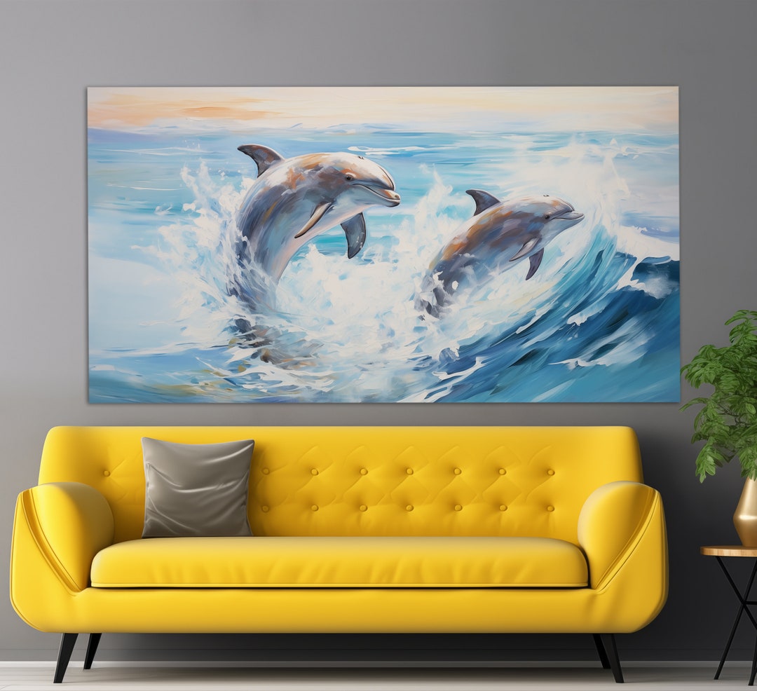 Dolphins Couple Canvas Print in a Vintage Oil Painting Style, Romantic ...