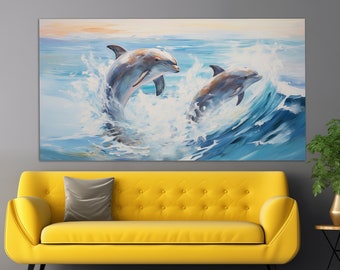 Dolphins Couple Canvas Print in a Vintage Oil Painting Style, Romantic Wall Art, Dolphins Painting, Romantic Gift, Bedroom Wall Decor