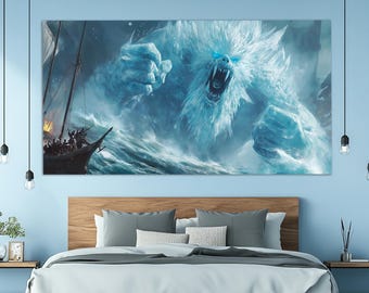 Ice Golem Canvas Print, Fight with Sea Monster Poster, Abstract Golem Poster, Golem Painting, Sea Monster Print, Sea Fantasy Canvas Art