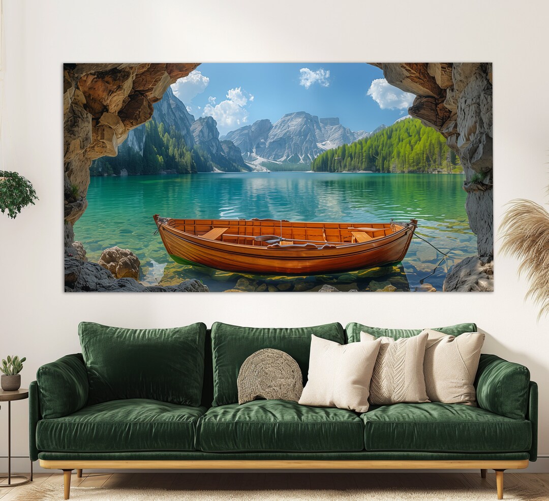 Scenic Lake Landscape With Wooden Boat Canvas Print, Nature Wall Decor ...