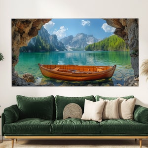 Scenic Lake Landscape with Wooden Boat Canvas Print, Nature Wall Decor, Bedroom Wall Decor, Old Boat Painting, Lake Wall Art, Nature Canvas