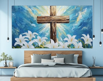 Arte de parede da Bíblia Sagrada, impressão em tela de cruz de madeira abstrata em estilo de pintura a óleo, arte de parede da cruz, arte de parede religiosa, decoração de parede religiosa